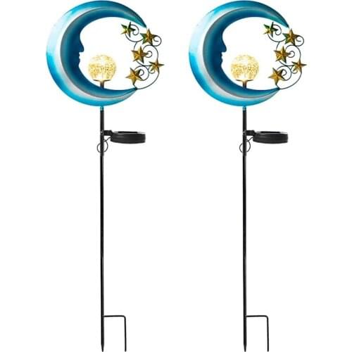Stars Moon Solar Lights Outdoor - Solar Powered Garden Lights Decorative Crackle Glass Globe Waterproof Lighting, 2 Pack