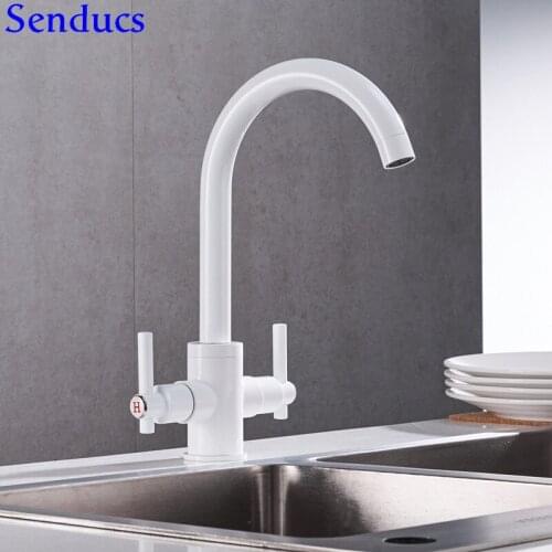 Senducs White Kitchen Mixer Tap Deck Mounted Hot Cold Kitchen Sink Faucet By Quality Brass White Bathroom Basin Mixer Faucet