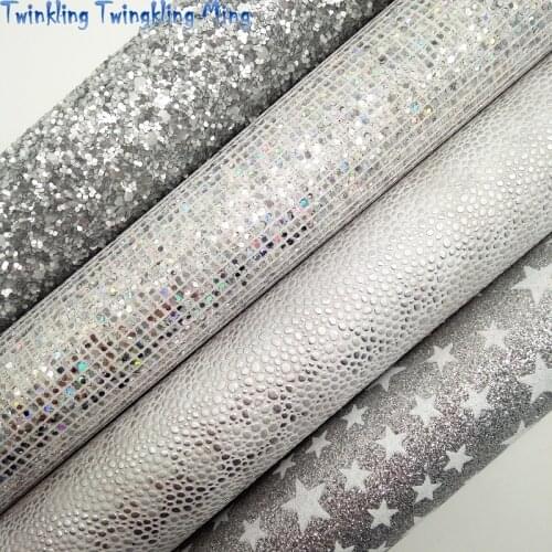 Silver Chunky Glitter leather, Stars Printed Glitter Leather, Caviar Faux Leather For Bow A4 21x29CM Twinkling Ming KM125