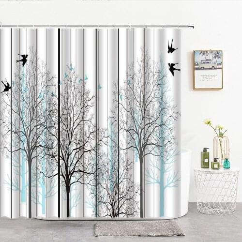 Tree And Bird Vertical Stripes Shower Curtains Fantasy Cartoon Animals Bath Decor Curtain Home Art Decor Wall Bathroom Products