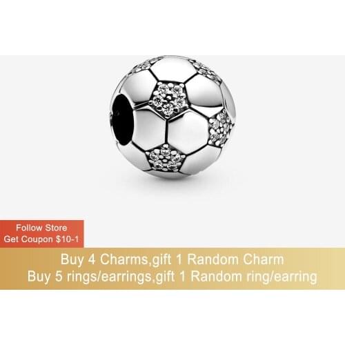 Volayer S925 Sterling Silver Beads Sparkling Football Charms fit Original Pandora Bracelets Women DIY Jewelry Making