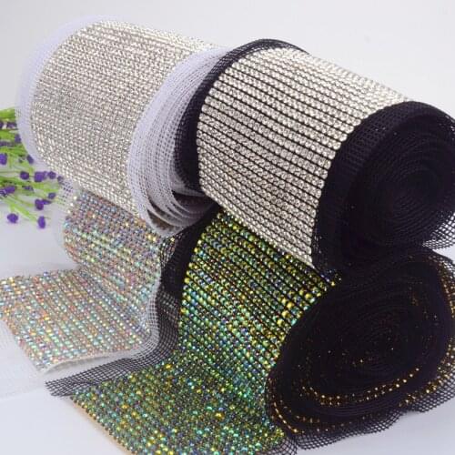 High Quality 50cm/5yard SS20 Glass Rhinestone Mesh 24 Rows Crystal AB Trimming Sewing Wedding Dress Decoration With Fabric DIY