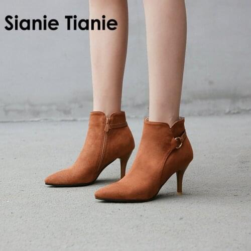 Sianie Tianie Boots Women Flock Ankle Boots For Women Pointed Toe Buklel Casual Female Shoes 2020 High Heel Boots Bottes Femme