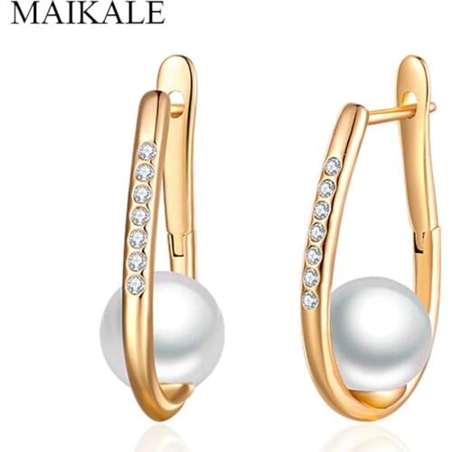 MAIKALE Simple 9MM White Natural Pearl Earrings Rose Gold Zirconia Stud Earrings with Pearl for Women Fine Jewelry Girls Gifts