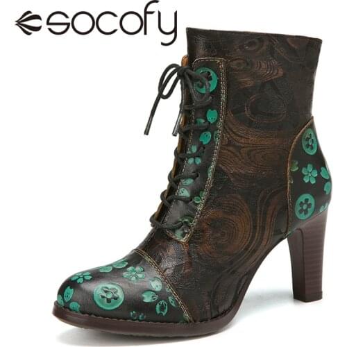 SOCOFY Women Shoes Vintage Embossed Cowhide Leather Flower Pattern Almond Toe Elegant High Heel Short Boots New Fashion Ladies