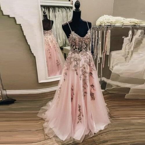 Pink Sweet Elegant Prom Dress Long Spaghetti Strap V-Neck Appliques Tulle A-Line Women Formal Evening Homecoming Party Gowns