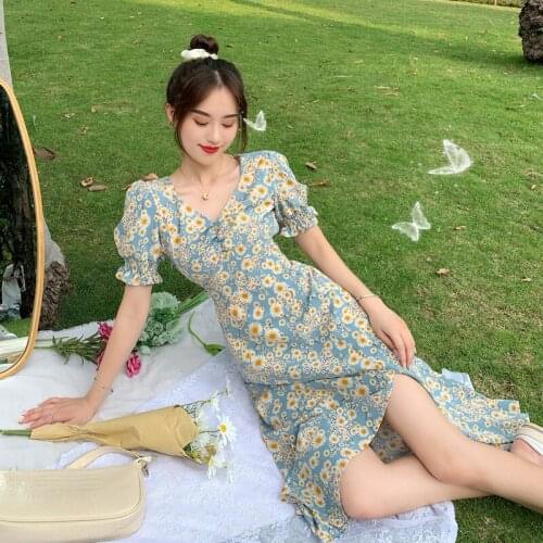 Ladies Summer Dress, New Style, Soft Wind Design, Fluffy Sleeves, Square Collar, Slit Long Skirt