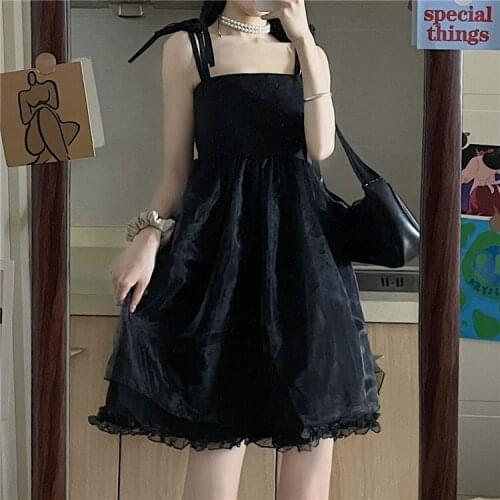 High Waist Women Dark Lolita Backless Sleeveless Dresses Black Gothic Lady Street Mini Dress Summer Mesh Korean Fashion Clothes