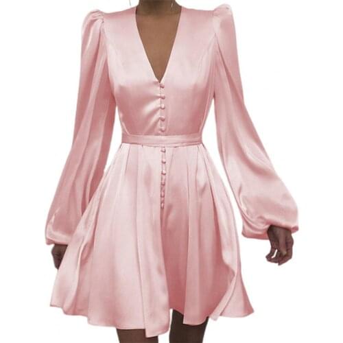 Mini Full Dress Soft Solid Color Deep V Neck Lantern Sleeve Vintage Dress for Dating Elegant dresses for women 2021 vestidos
