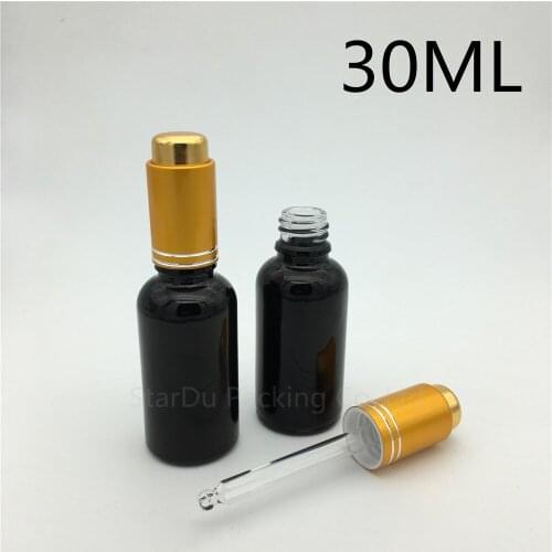 10pcs 50ml black frosted glass essential oil bottle with gold aluminum ring dropper, 50cc glass perfume bottle