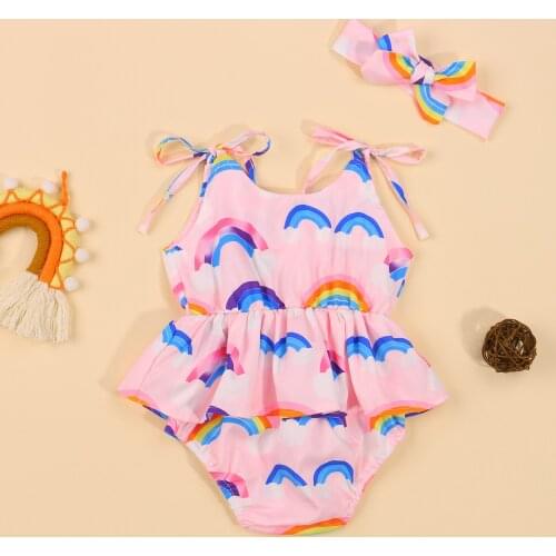 2 Pcs Newborn Summer Outfits Baby Girls Sleeveless Tie-up Rainbow Print U-shaped Neck Romper + Headband