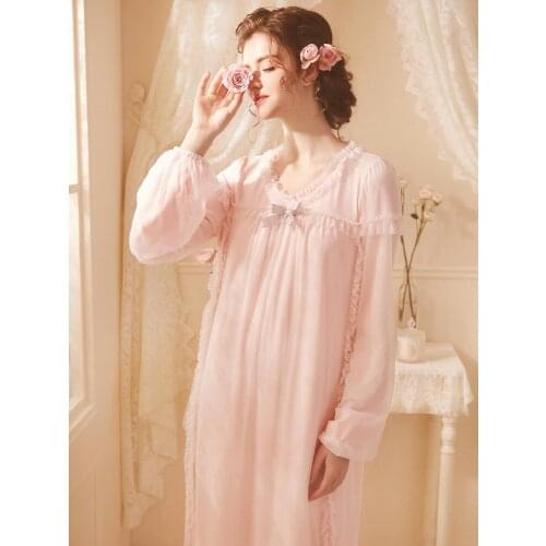 Free Shipping 2020 Rose Tree New Pink and White Long LaceNightshirt Modal Nightgown Womens Soft Yarn Sleepwear Ladies pijamas