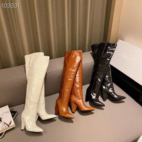 Schoenen Vrouw Genuine Leather Pointed Toe Thigh High Boots Vintage Brown Winter Shoes Women Long Knight Boots Chunky Heels