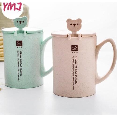 1Pcs Kids Mugs with Lid Children Infant Baby Milk Cup with Handle Spoon Wheat straw Breakfast Mug Drink Coffee Cup Cartoon Bear
