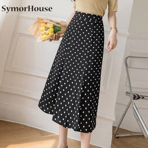 Elegant Chiffon Polka Dot Skirts Women 2021 Summer New Beach Style Midi A-Line Skirt Female Elastic Waist Casual Skirts Autumn