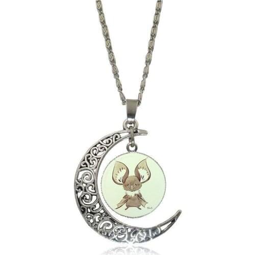 EJ Glaze Cutest little bat ever Logo Glass Cabochon Choker Moon Pendant Necklace Silver Color Jewelry For Christmas Gift