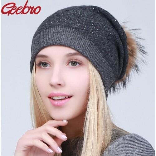 Geebro Womens Wool Knitted Hat Winter Warm Cashmere Beanies with Raccoon Fur Pompom Ladies Solid Colors Cap with Rhinestones