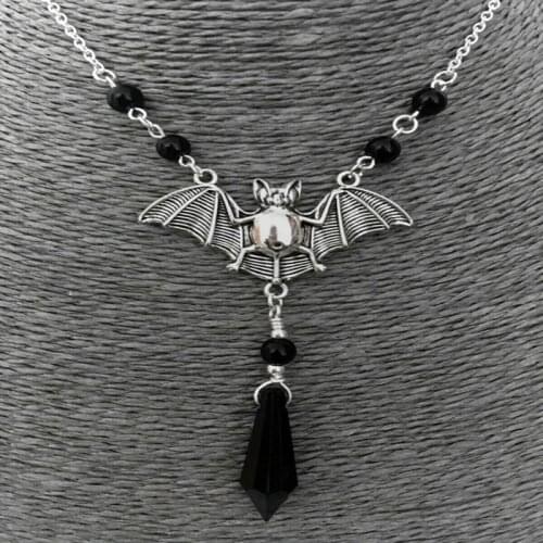 Gothic Halloween Necklace Evil Bat with Black Bead Pendant Disguise Weird Witch Pagan Halloween Jewelry Gift