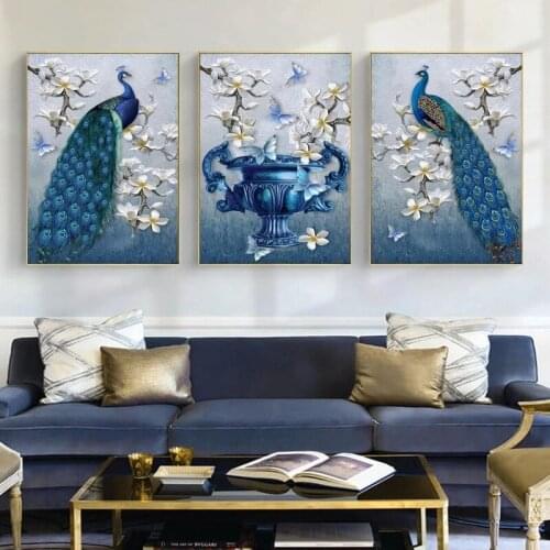Modern NordicWall Art Prints Home Decor Picture Blue Peacocks and Lily Flower Canvas Poster Painting Cuadros for Living Room