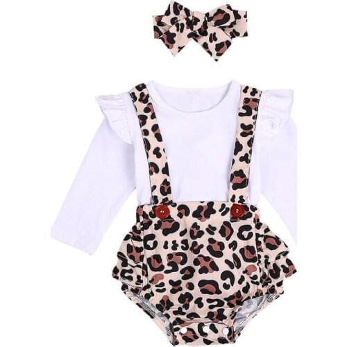 0-24M Infant Baby Girl Romper Set 2Pcs Long Sleeve Ruffle White Romper Top Leopard Bib Shorts Headband Toddler Autumn Winter New
