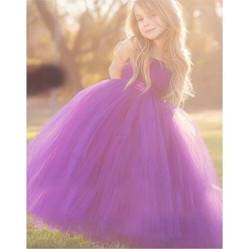 Cute Girls Purple Long Tutus Dress Kids Handmade Fluffy Tulle Princess Dress with Flower Satin Bow Children Party Tutus 1Pcs