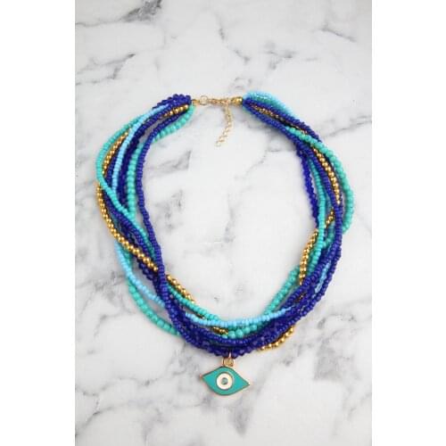Blue Eye Evil Eye Beaded Turquoise Navy Blue Design Necklace