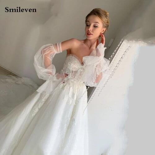 Smileven Puff Sleeve Wedding Dresses Appliqued Lace Bridal Gowns 2020 Robe De Mariee Lace Up Back Wedding Gowns
