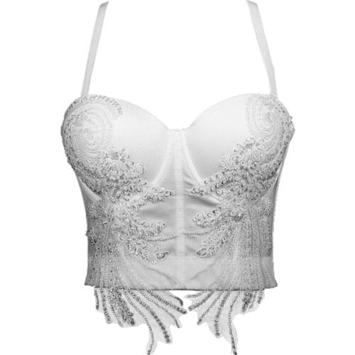 Sexy Top Women Crop Top To Wear Out Bra Lace Beading Appliques White Push Up Bustier Corset Tops Casual Female Tops Mujer DB1027