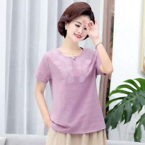 Short Sleeve Tops Embroidery Women Pullover T-shirts Summer Plus Size XL-5XL Middle Age Mother Tee Shirts Femme Clothing