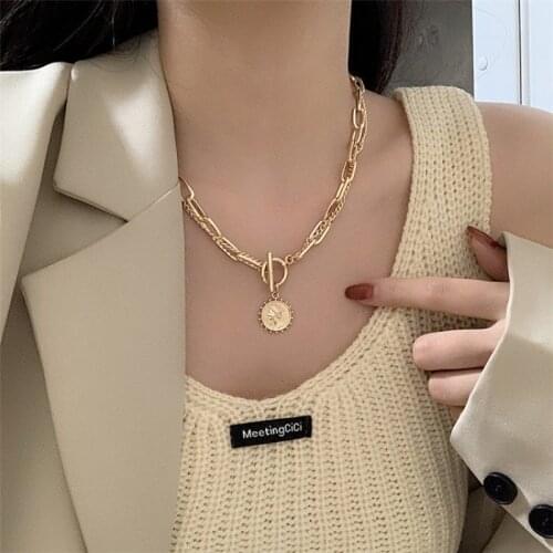 Vintage Carved Coin Thick Chain OT Buckle Necklace Bohemian Punk Metal Coin Collar Choker Necklace Trendy Women Punk Jewelry