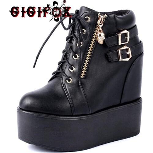 GIGIFOX Brand New Fashion Zipper Buckles Height Increased Make Taller Cosplay Black Gothic Style Ankle Boots Woman Shoes Booties
