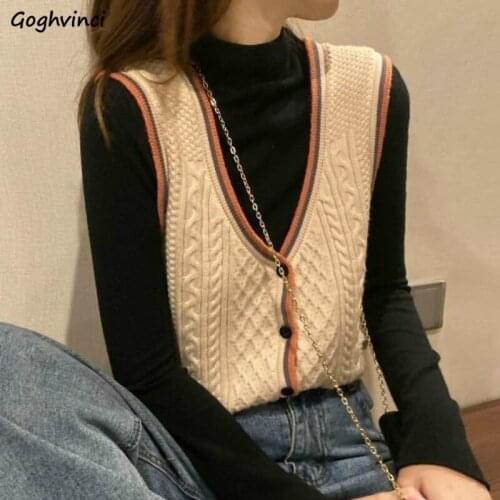 Women Sweater Vest Panelled Patchwork Single Breasted V-neck Twist Thread Knitwear Chic Ulzzang Female Elegant Waistcoat Trendy