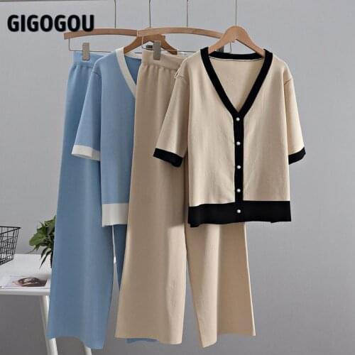 GIGOGOU Spring Tracksuits Two Piece Sets Wide Leg Pants Suits for Women Knitted Half Sleeve Two Piece Set Cardigan Women Outfits