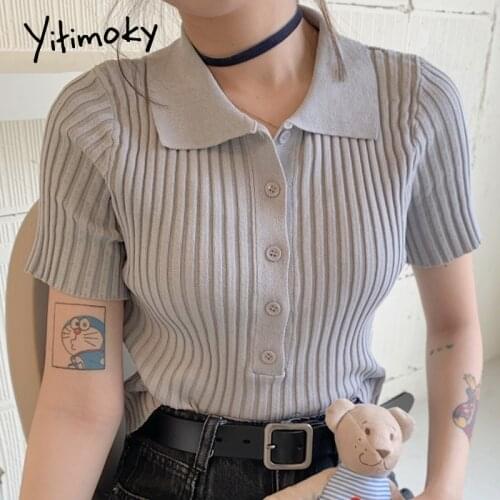 Ribbed Women Knitted Buttons Cropped Sweater Vintage Turn Down Collar Exposed Navel Stretch Knitwear Short Sleeve Thin Tops