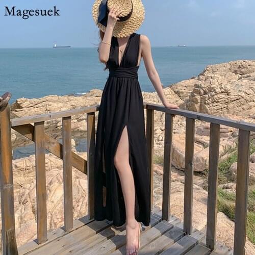 Backless Black Split Sexy Summer Chiffon Dress Women 2021 Beach Style Holiday Long Dresses Bandage Dress Female Vestidos 13235