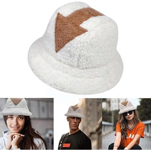 3 Color Fashion Bucket Flat Top Lamb Wool Winter Warm Men Printed Hat Faux Women Tide Arrow Swag Fur Hats Caps Symbol Fishi Z3A0