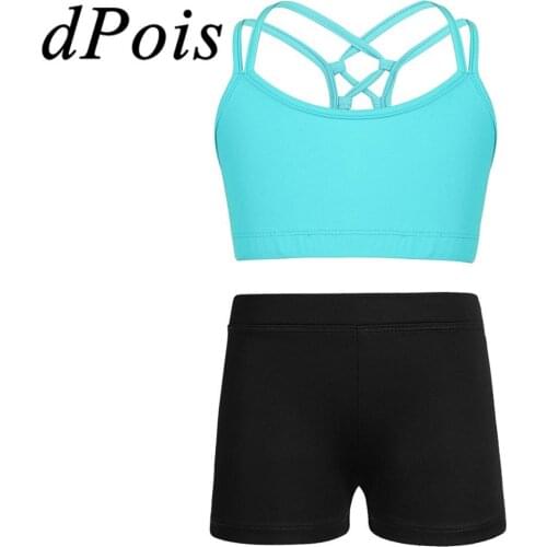 Children Girls Ballet Outfit Criss Cross Back Sleeveless Crop Tanks Bra Tops + Boy-cut Low Rise Dance Shorts Girls Ballet Sets