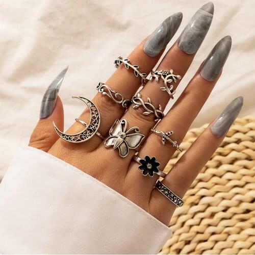 Docona 9pcs/set Black Rhinestone Flower Rings for Women Charm Crescent Butterfly midi Ring Set Female Jewelry Gift Anillos 16915
