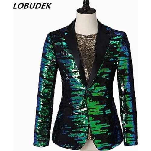 Men Shiny Green Sequins Blazers Stage Casual Coat Bar Nightclub Singer Host Performance Costume Wedding Groom Slim Suit Jackets