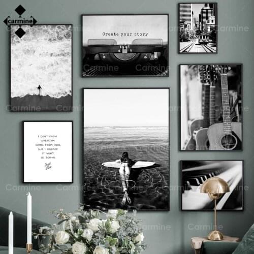 Retro Woman Canvas Painting Ocean Surfboard Wall Picture Black White Piano Printer Nordic Poster and Print for Living Room Decor