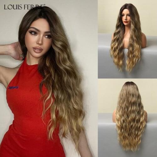 LOUIS FERRE Long Curly Wave Brown Highlights Blonde Hair Wigs Synthetic Daily Cosplay Golden Wigs for Women Heat Resistant Fibre