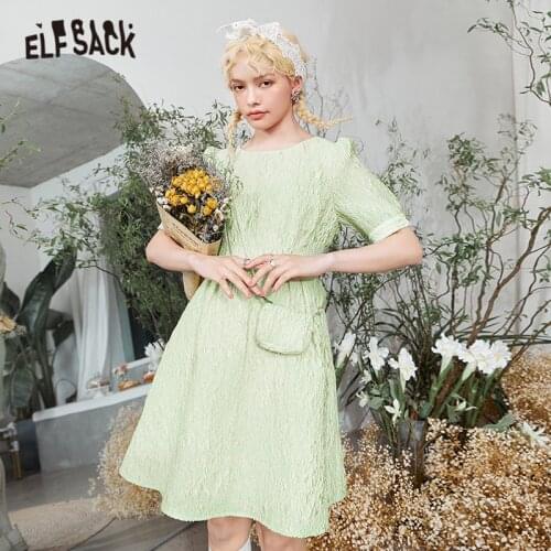 ELFSACK Solid Pure High Waist Casual Vintage Dresses Women,2021 Summer Chain Bag Decoration Korean Ladies Party Dress