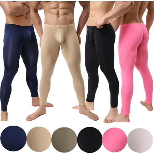 Richkeda Store New 2021 Ultra-thin Men Leggings Fitness Ice Silk Long Johns Pants Sexy Underwear Penis Pouch Mens Tightswear