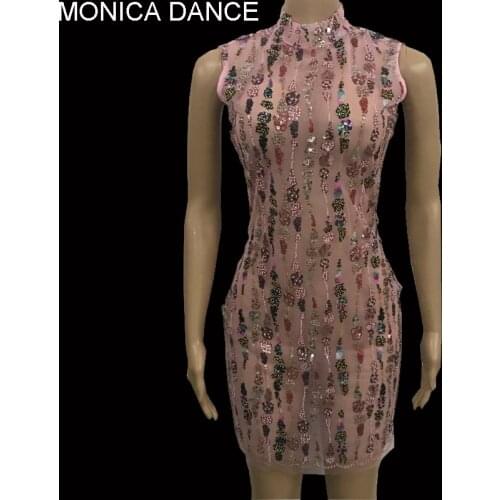 Sexy Sparkly Pink Mesh Crystals Sequin Embroidery Sleeveless Dress Singer Evening Birthday Wedding Party Transparent Dress