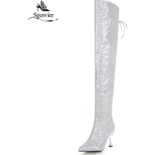 Sgesvier Winter New Bling Bling Long Boots Over The Knee Boots Dress Shoes Stiletto Heels Gold Silver Wedding Party Shoes OX832
