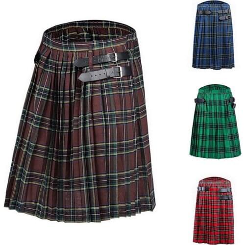 SHUJIN Mens Kilt Traditional Plaid Belt Pleated Bilateral Chain Brown Gothic Punk Scottish Tartan Trousers Skirts
