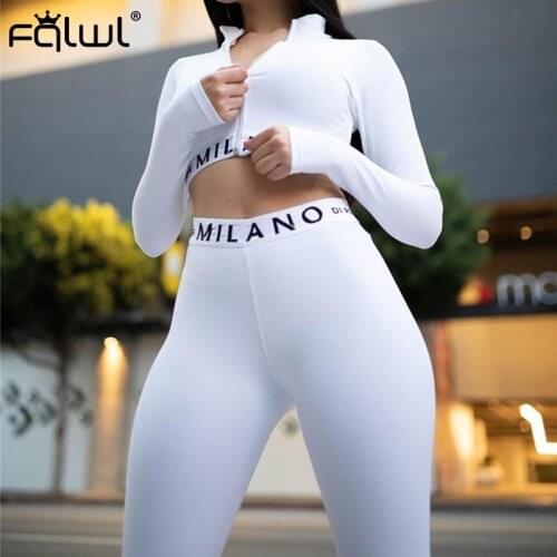 FQLWL Streetwear White Pink 2 Two Piece Set Women Outfits Fitnesss Long Sleeve Crop Top Leggings Women Ladies Tracksuit Female