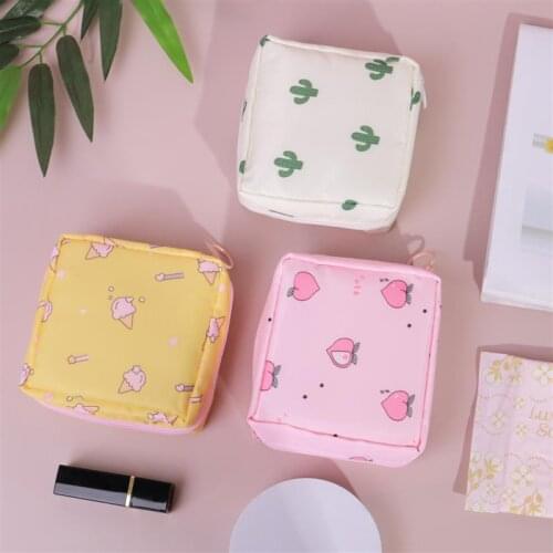 Women Portable Sanitary Napkin Storage Bag Cotton Travel Makeup Storage Bag Literary Zipper Coin Purse Sundries Storage