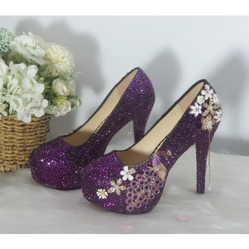 BaoYaFang Purple crystal Bridal Women wedding shoes Bride high heels Platform shoes woman party dress shoes female high Pumps
