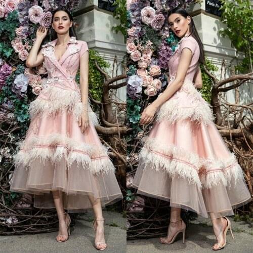 2021 Pink Feather Prom Dresses V Neck 3D Flower Appliqued Beaded Celebrity Party Gowns Tea Length Costume Formal Evening Dress